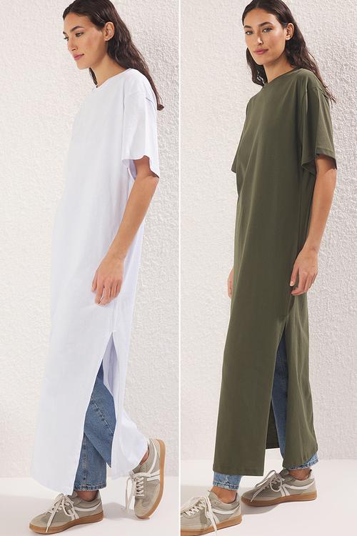 2 Pack Knitted Jersey Undershirt Lining Dress - Khaki-White