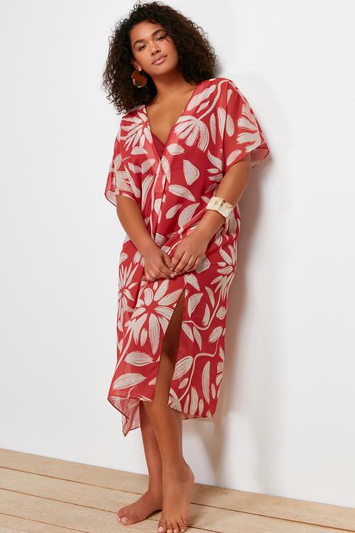 Tropical patterned bat sleeve midi length woven plus size beach dress - very colorful