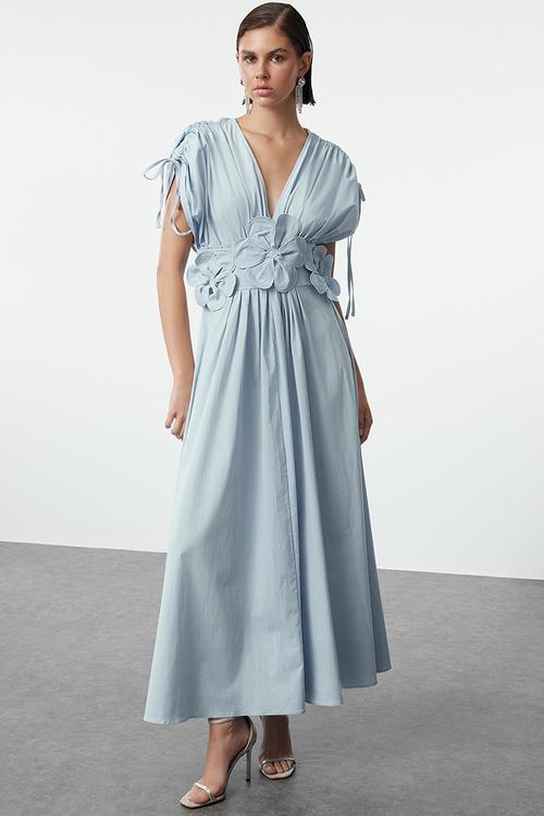 3D Flower Detailed Poplin Chic Evening Prom Dress - Light blue