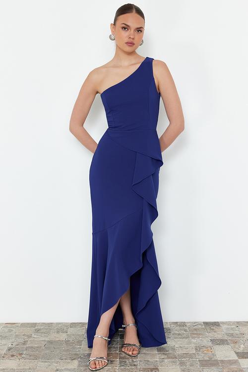 Flounce Single Sleeve Woven Long Evening Dress - blue