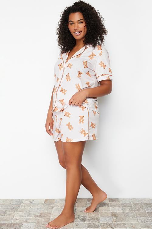 Beige Teddy Bear Patterned Shirt Collar Knitted Pajama Set