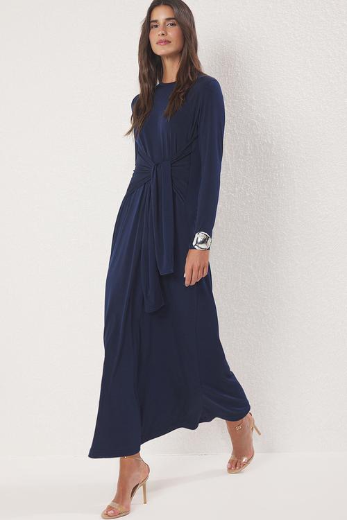 Baglama Detailed Flexible Knitting Dress - Navy blue