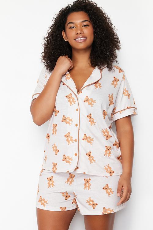 Beige Teddy Bear Patterned Shirt Collar Knitted Pajama Set