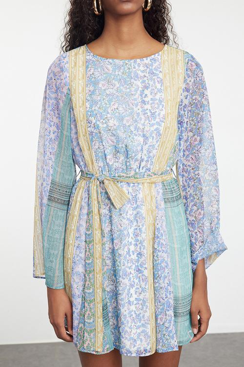 Floral patterned mini lined woven chiffon dress with open waist skirt - very colorful