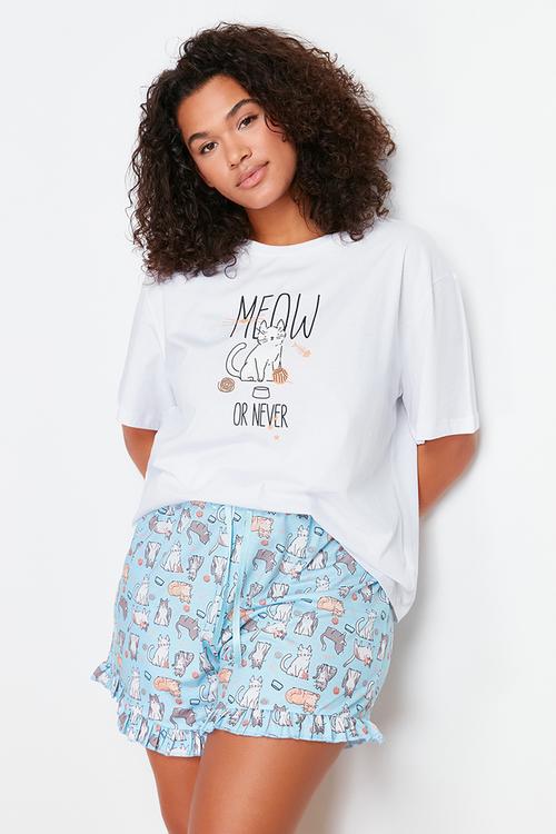 Blue Cat Patterned Knitted Pajamas Set