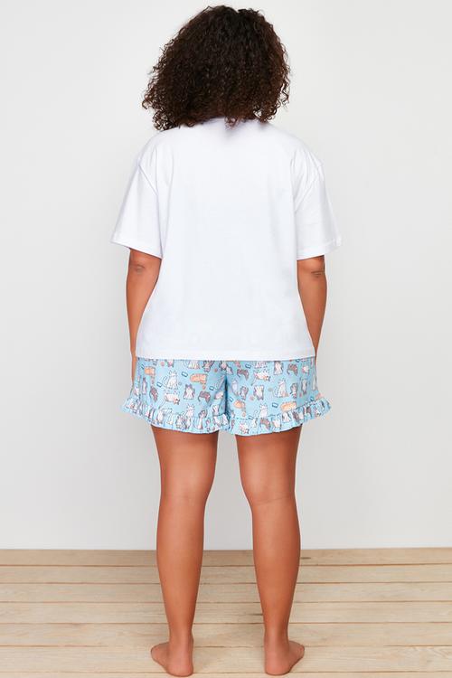 Blue Cat Patterned Knitted Pajamas Set