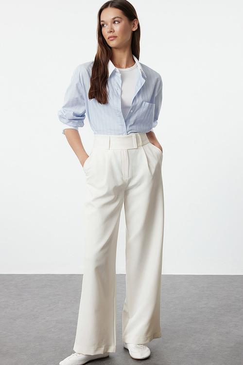 Waist Detailed Straight Cut Woven Fabric Trousers - White