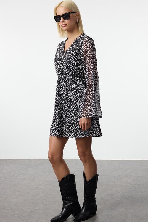 Skirt opening at waist mini lined chiffon woven dress - multi