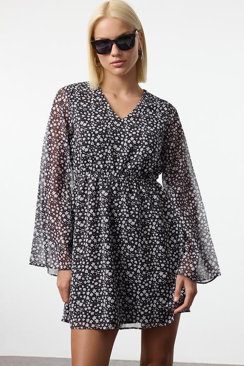 Skirt opening at waist mini lined chiffon woven dress - multi