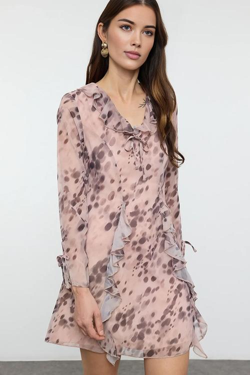 Polka dot a-line mini woven dress - dusty pink