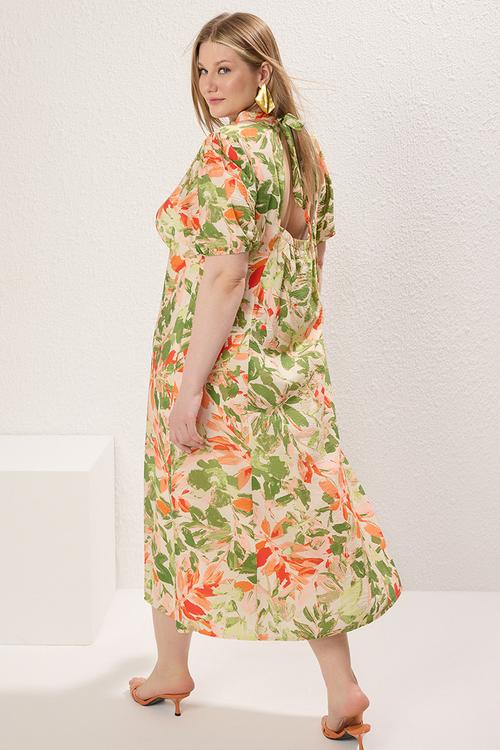 Stand collar balloon sleeve midi lilyum woven plus size dress - multi