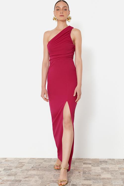 Klinky one shoulder ruched longline midi dress - emerald green