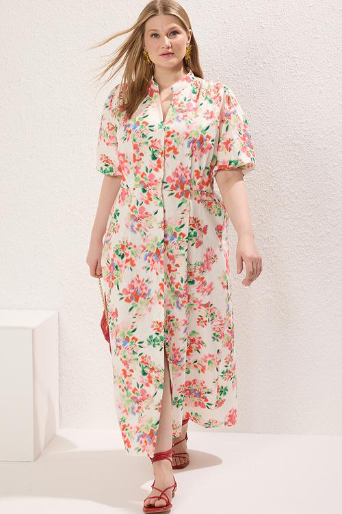 Short balloon sleeve floral woven midi plus size dress - ecru