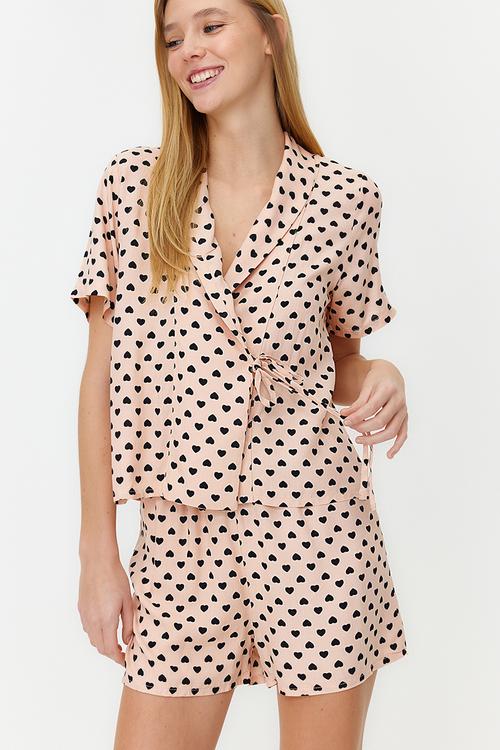Powder Heart Tie Detail Woven Pajama Set with Viscose Shorts