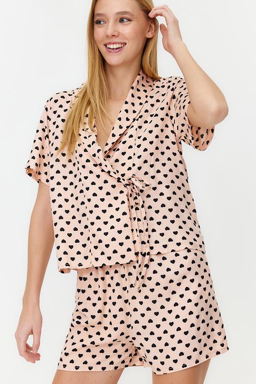 Powder Heart Tie Detail Woven Pajama Set with Viscose Shorts
