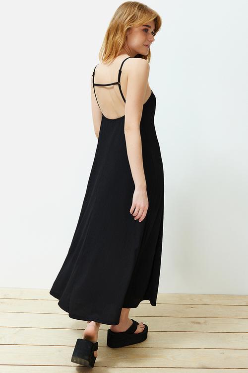 Adjustable straps a-line crepe/textured knit maxi dress - black