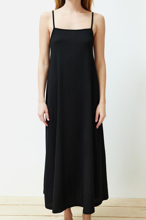 Adjustable straps a-line crepe/textured knit maxi dress - black