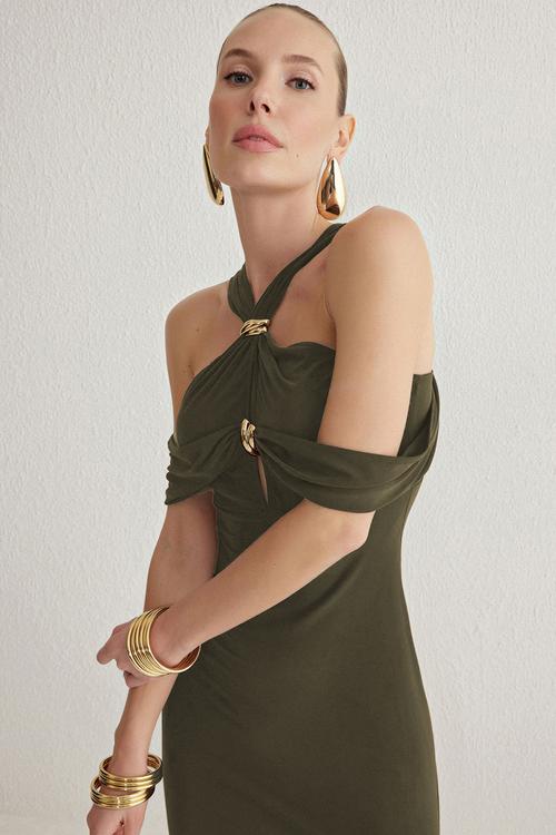 Accessory Detailed Knitted Maxi Evening Dress - Khaki