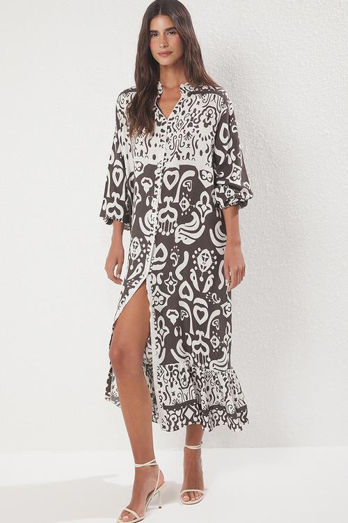 Border Pattern  Midi Dress - Brown