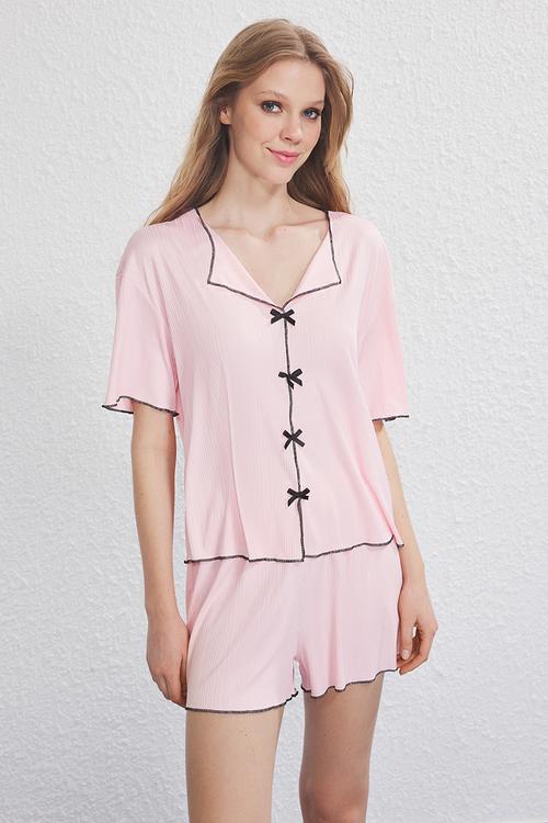 Pink Ribbon/Bow and Baby Overlock Detailed Shorts and Ribbed Knitted Pajama Set