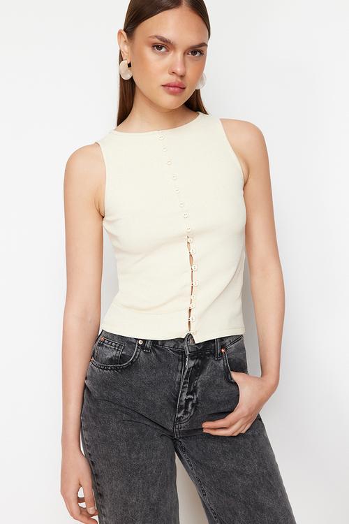 Buttoned fitted stretchy knitted blouse - stone