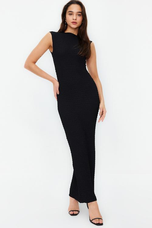 spaghetti strap black long dress Black Pencil Midi Peak Lapel Work Dress