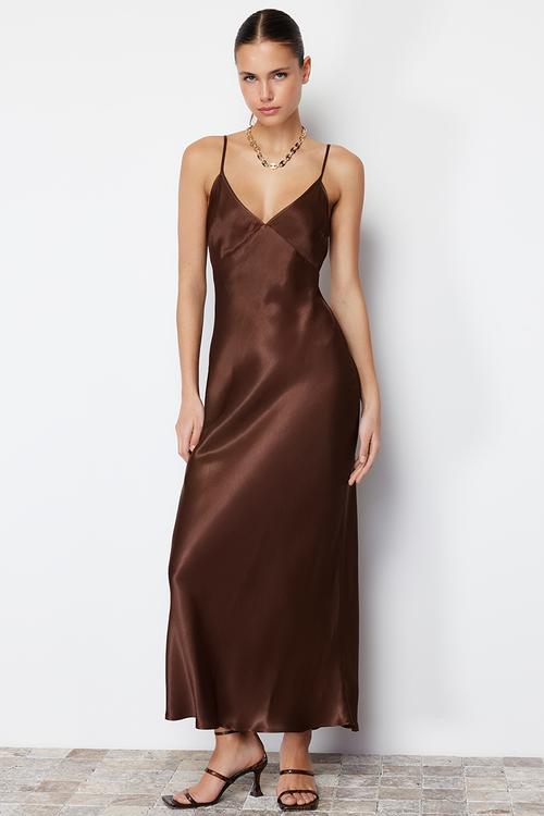 Straight cut satin strappy maxi woven dress - brown