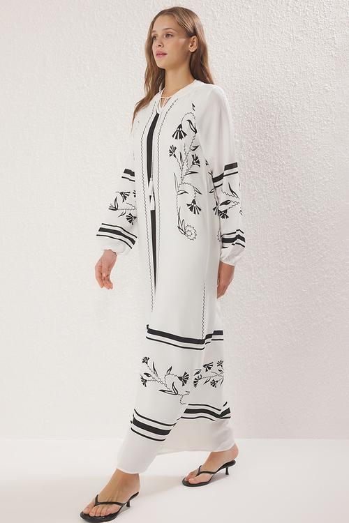 Floral Kaftan Tassel Detailed Woven Dress - Ecru