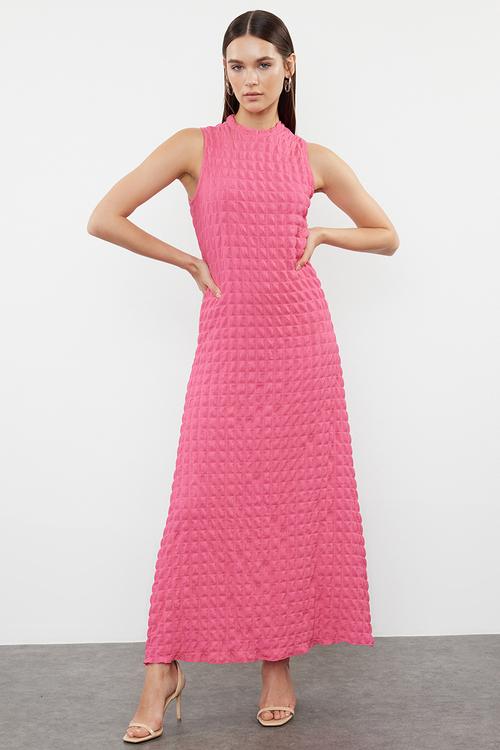 Plain Textured  Crew Neck Maxi Dress - Fuchsia