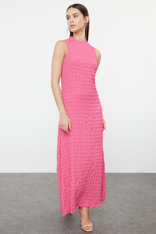 Plain Textured  Crew Neck Maxi Dress - Fuchsia