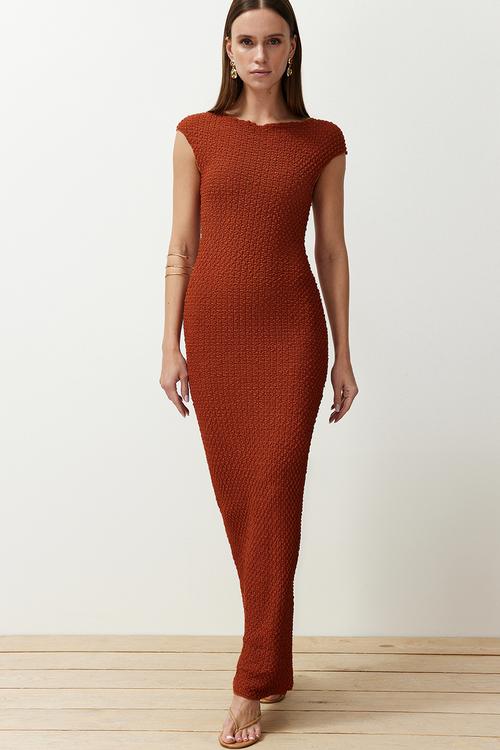 Textured fitted moon sleeve stretchy knitted midi dress - Burgundy