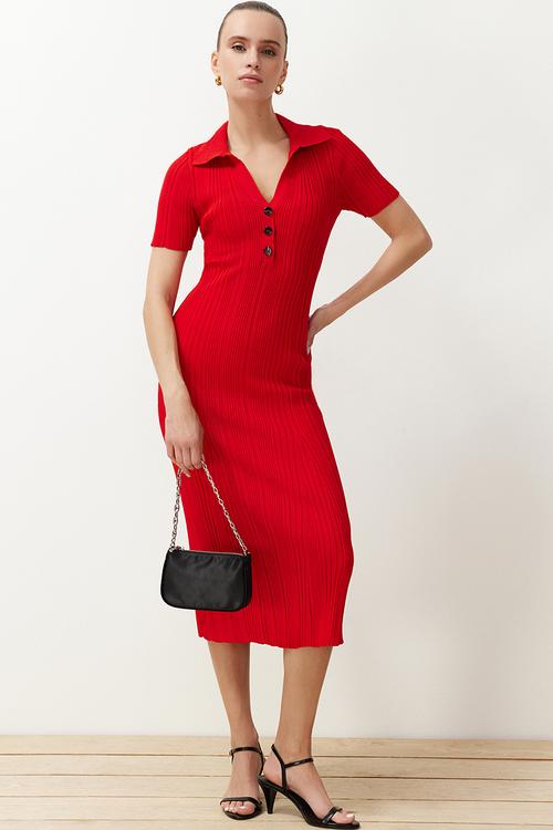 Plain maxi maxi knitwear polo neck knitwear dress - red