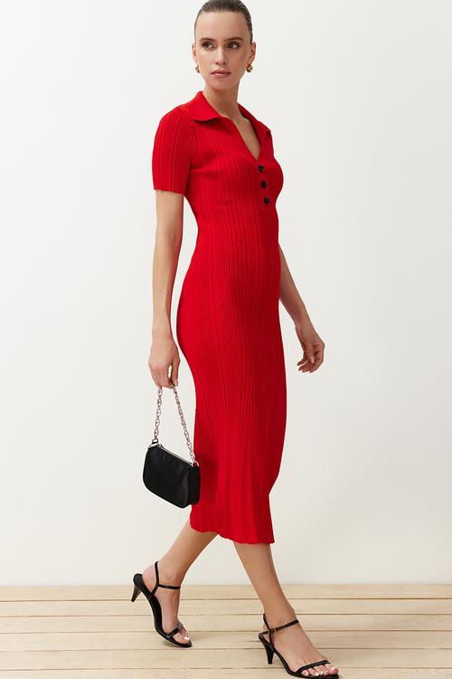 Plain maxi maxi knitwear polo neck knitwear dress - red