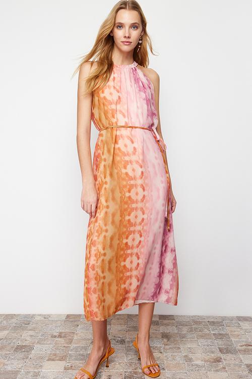 Abstract pattern straight cut chiffon lined maxi woven dress - pink