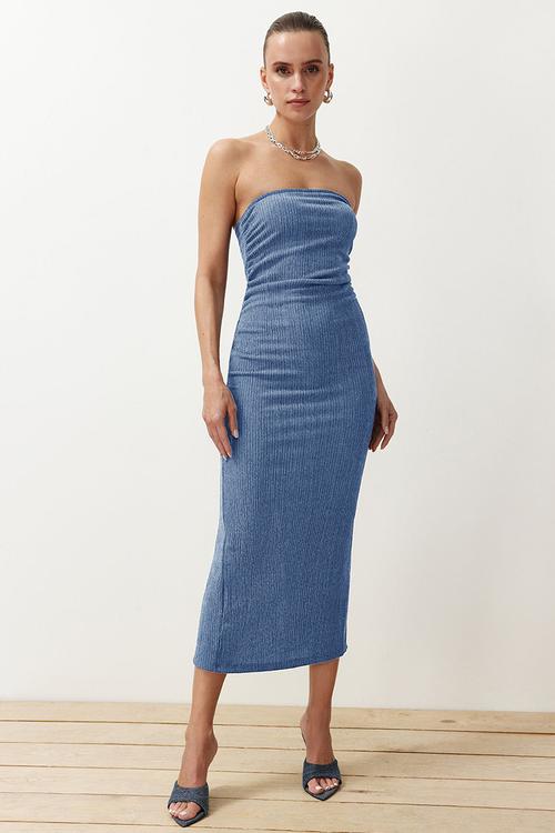 Strapless Gathered Fitted Midi Flexible Knitted Pencil Dress - Blue