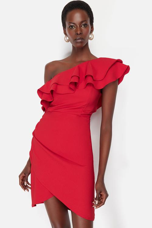 Single Sleeve Ruffle Woven Short Elegant Evening Night Graduation Dress - Red