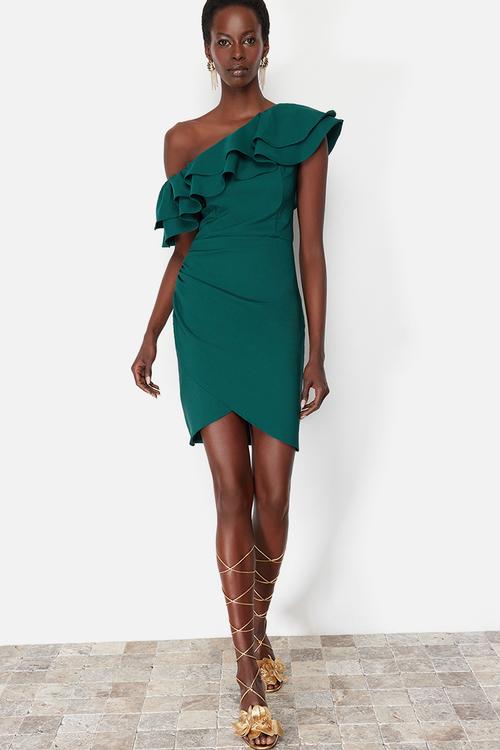 Single Sleeve Ruffle Woven Short Elegant Evening Night Graduation Dress - Emerald