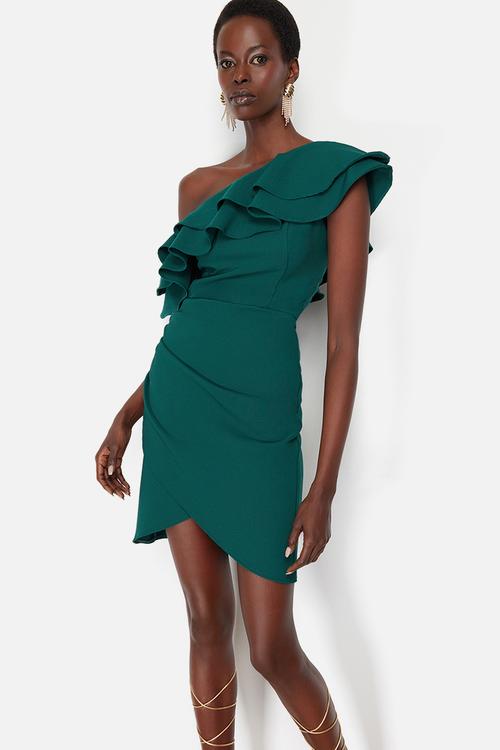 Single Sleeve Ruffle Woven Short Elegant Evening Night Graduation Dress - Emerald