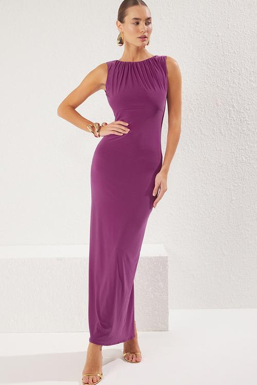 Gathered collar detailed knitted long elegant evening night graduation dress - plum