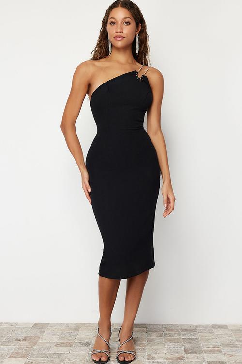 Bodycon Shiny Stone Woven Elegant Evening Dress - Black