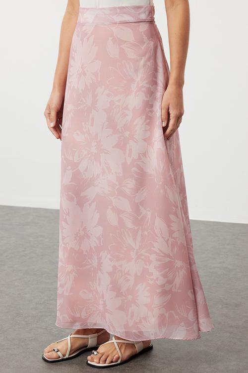 A-line Pattern Flared Lined Chiffon Maxi Woven Skirt - Light pink