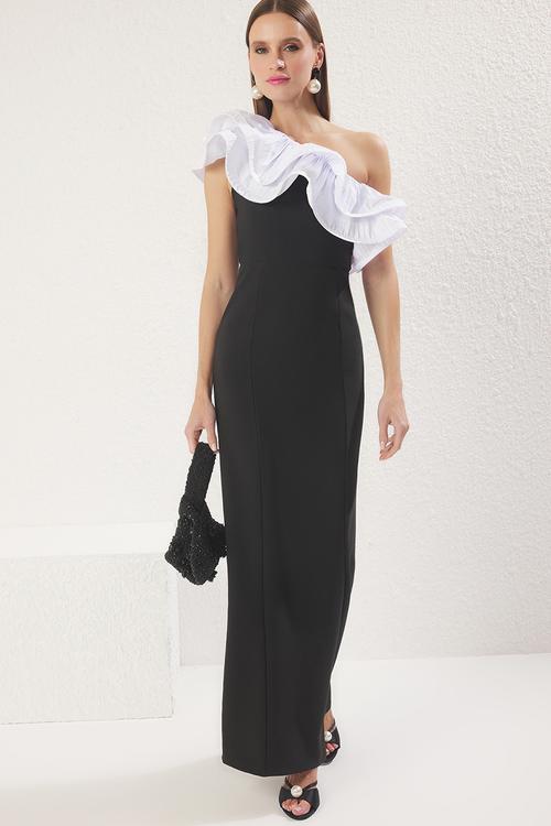 One shoulder flounce woven long elegant evening night graduation dress - black white