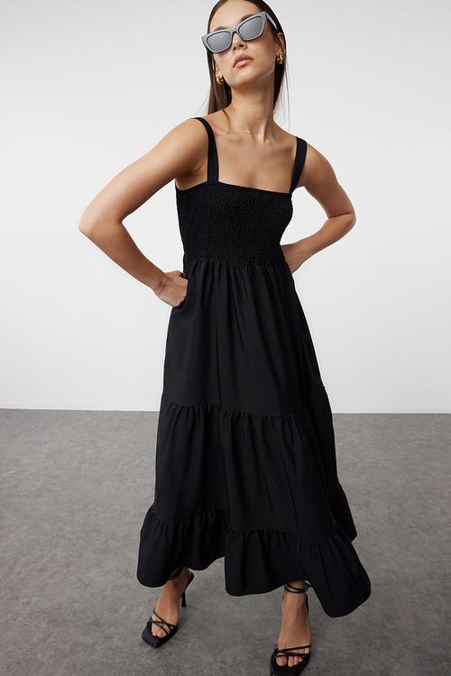 Plain A Cut Square Neck Lined Maxi Woven Dress - Black