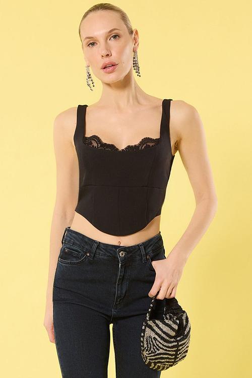 Crop lace detailed woven chic bustier - black