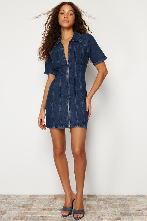 Zippered Fitted Mini Denim Dress - Dark blue