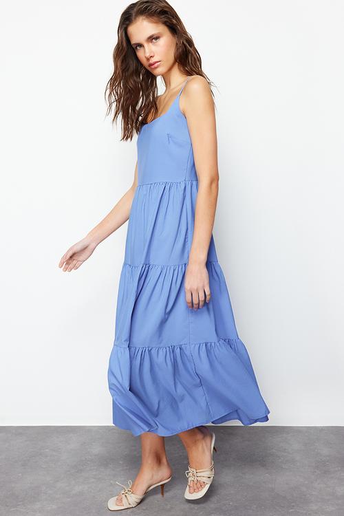 Tiered Cotton Blend Maxi Woven Dress - indigo