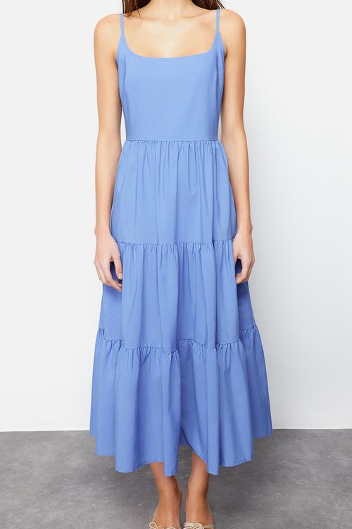 Tiered Cotton Blend Maxi Woven Dress - indigo