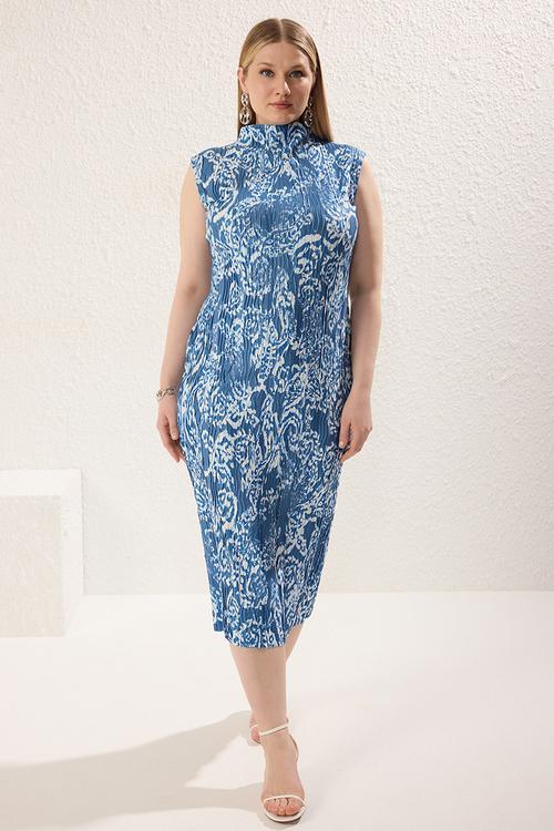 Pleated ethnic patterned knitted plus size dress - blue