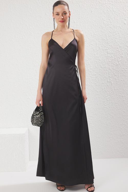 A-Line Satin Wrap Dress - Black