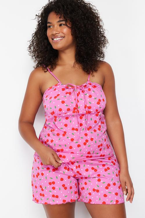 Patterned Knitted Pajama Set - Multicolored Cherry 